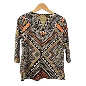 Chicos Cotton Aztec Print Green Black Peasant Boho Tunic Top Shirt Women’s 14